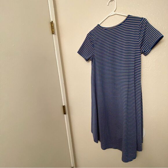 LuLaRoe t shirt dress stretch blue stripe crew neck hi low modest XS - Picture 4 of 10